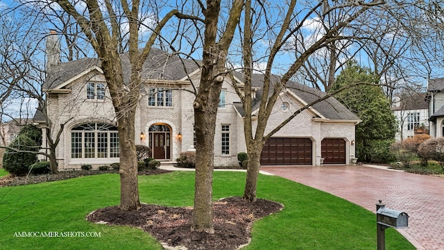 view of front of house featuring a garage and a front lawn