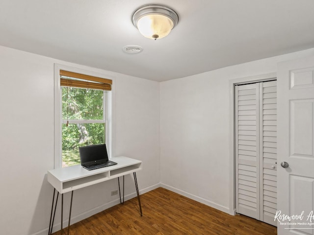 office area with dark hardwood / wood-style flooring