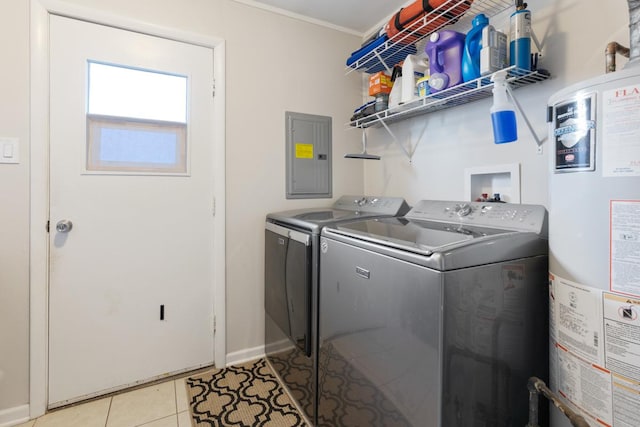 laundry area featuring separate washer and dryer, water heater, electric panel, light tile patterned floors, and ornamental molding