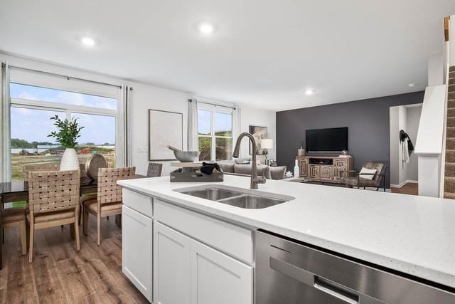 kitchen featuring stainless steel dishwasher, white cabinetry, sink, and hardwood / wood-style flooring