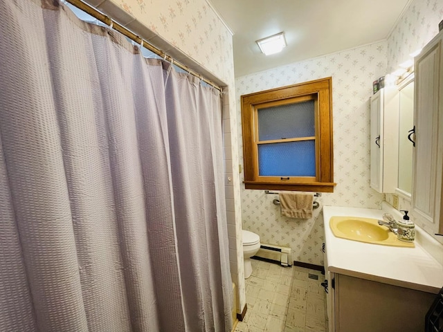 bathroom with vanity, toilet, baseboard heating, and walk in shower