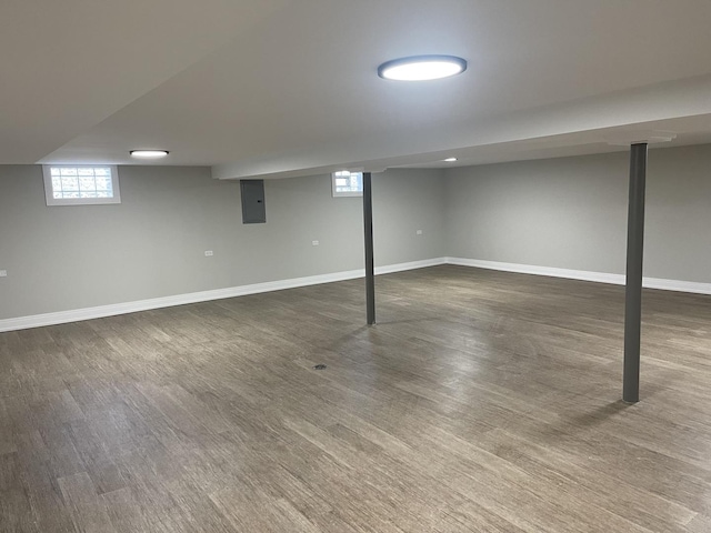 basement with electric panel and dark hardwood / wood-style floors