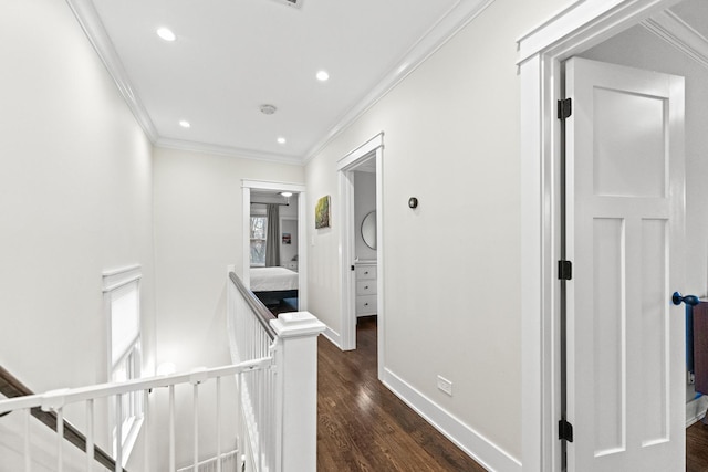 hallway with dark hardwood / wood-style floors and crown molding