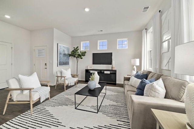 living room with dark hardwood / wood-style floors