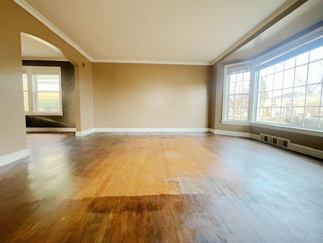 empty room featuring hardwood / wood-style flooring and crown molding