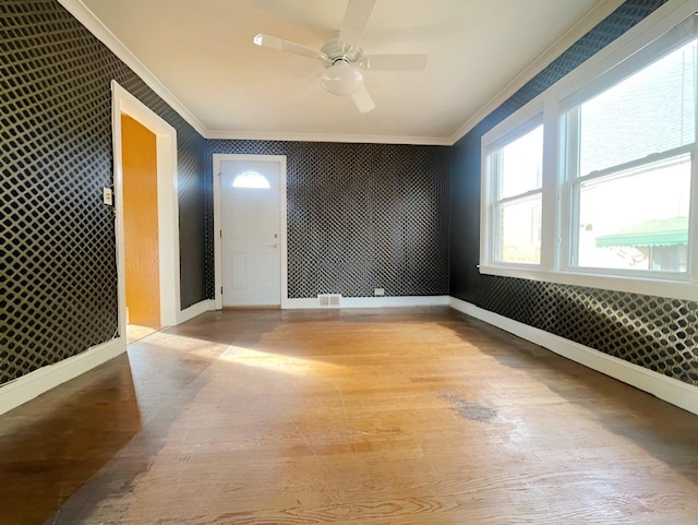 foyer with ceiling fan, crown molding, and light wood-type flooring