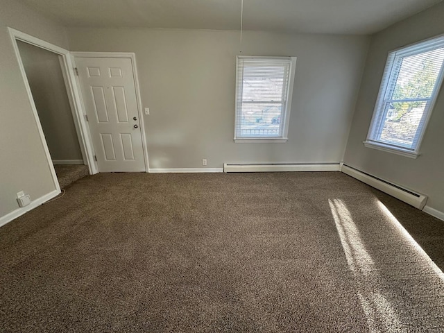 empty room with carpet and a baseboard radiator