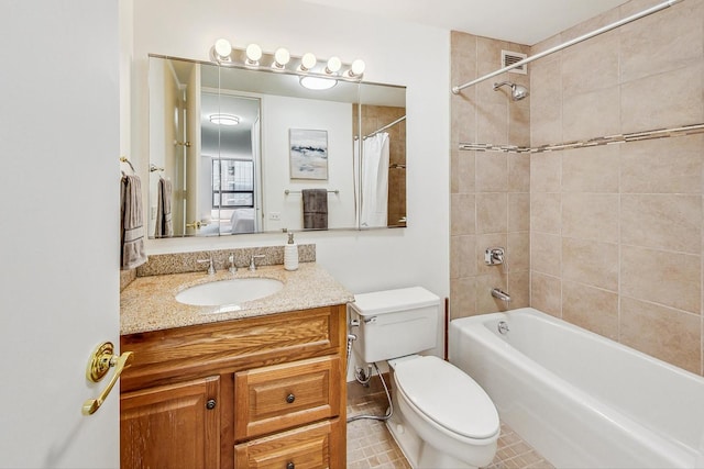 full bathroom featuring toilet, vanity, shower / bathtub combination with curtain, and tile patterned flooring