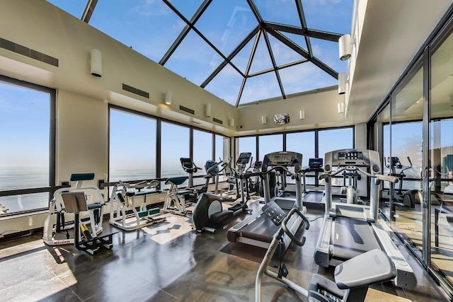 exercise room featuring a high ceiling and a water view