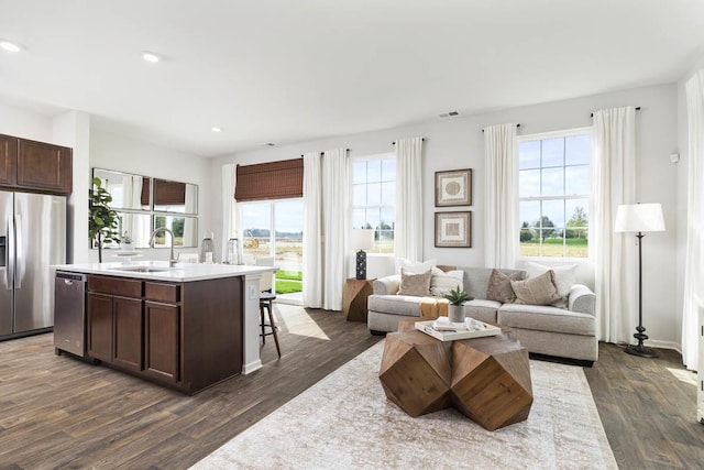 living room with sink and dark wood-type flooring