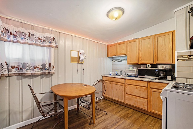 kitchen with white stove, sink, vaulted ceiling, decorative backsplash, and wood-type flooring