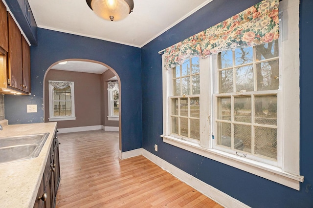 kitchen with light wood-type flooring, crown molding, and sink