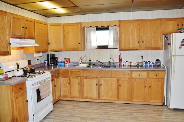 kitchen featuring sink, white appliances, and light hardwood / wood-style flooring