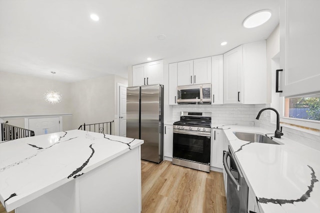 kitchen with white cabinetry, sink, pendant lighting, appliances with stainless steel finishes, and light wood-type flooring