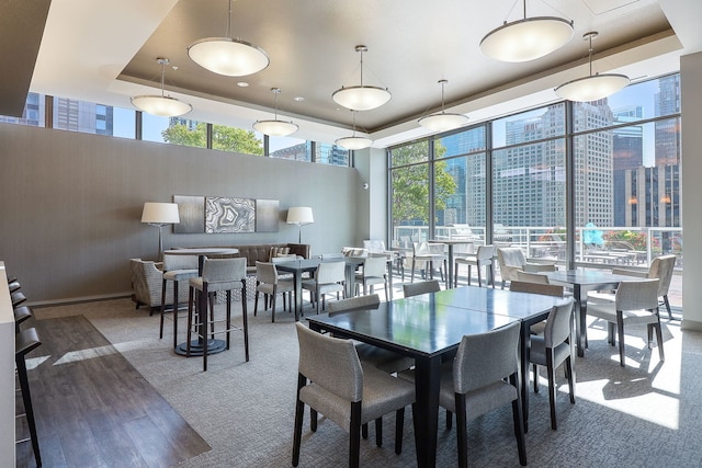 dining room with a tray ceiling and carpet floors