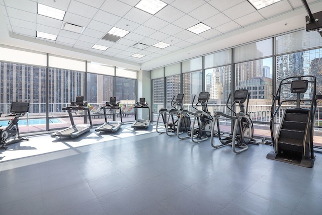 workout area with a paneled ceiling and expansive windows