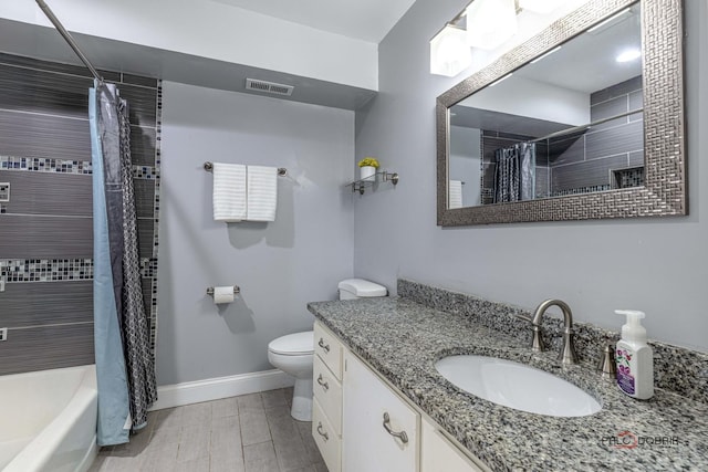 full bathroom with hardwood / wood-style floors, vanity, shower / bath combination with curtain, and toilet