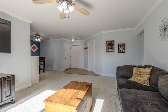 living room featuring light carpet, ceiling fan, and crown molding