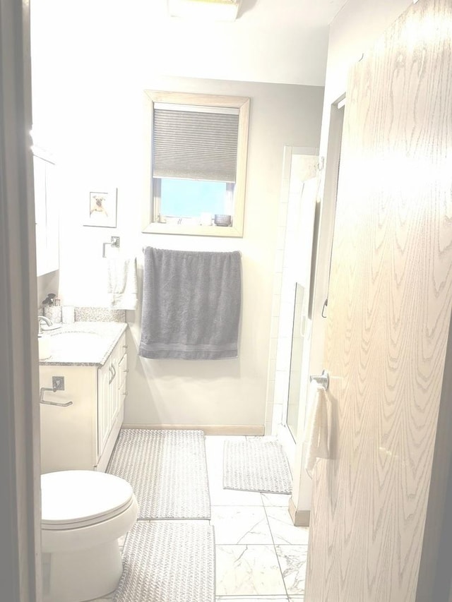 bathroom featuring vanity, toilet, and walk in shower