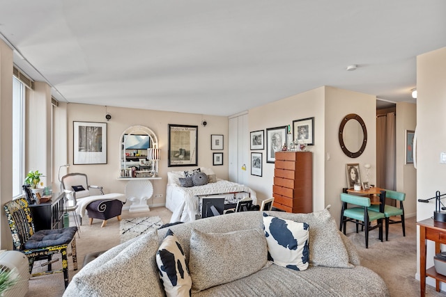 bedroom with light colored carpet