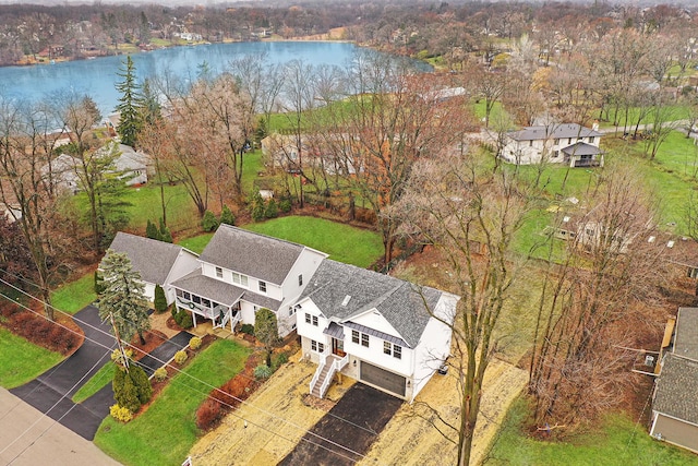 aerial view featuring a water view