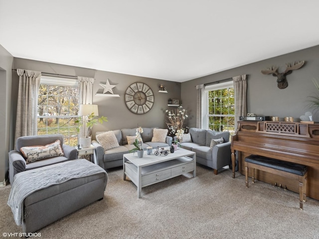 carpeted living room featuring plenty of natural light