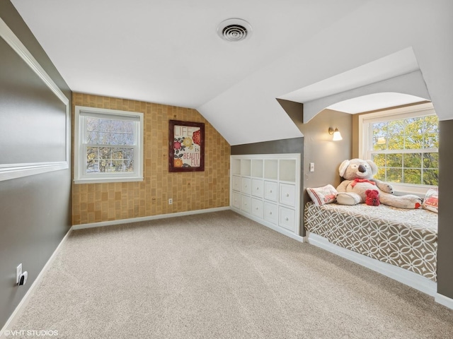 unfurnished bedroom with carpet flooring, multiple windows, and lofted ceiling