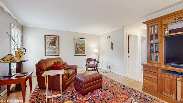 living area with crown molding and light tile patterned floors