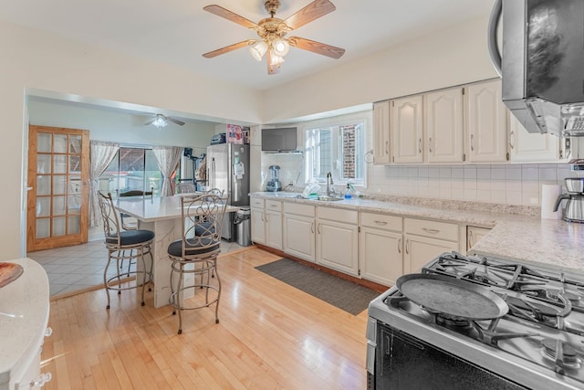 kitchen with tasteful backsplash, a wealth of natural light, light hardwood / wood-style flooring, and stainless steel appliances