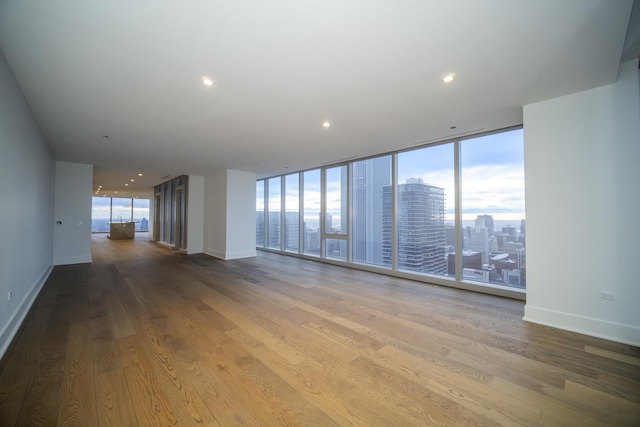 empty room featuring wood-type flooring, a wall of windows, and plenty of natural light