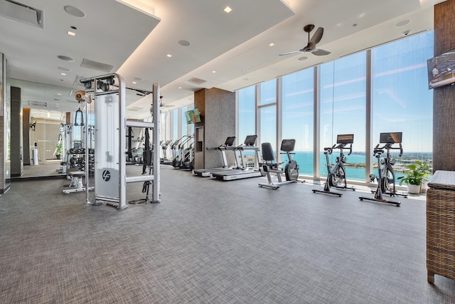 workout area with ceiling fan and a wall of windows