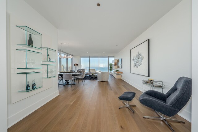 sitting room featuring baseboards, wood finished floors, and expansive windows