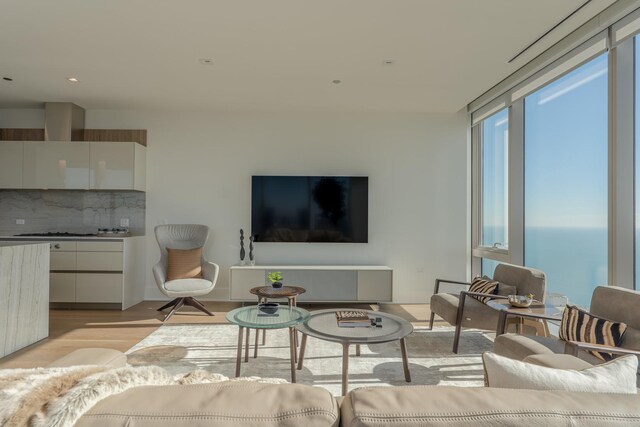living area featuring recessed lighting and light wood-style floors