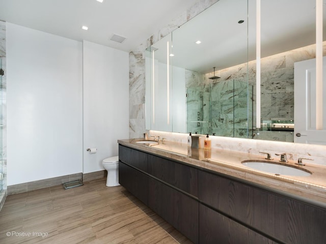 bathroom with vanity, a shower with shower door, and toilet