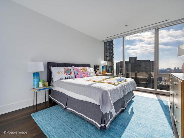 bedroom featuring floor to ceiling windows and hardwood / wood-style floors