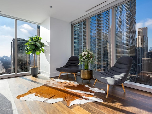 sitting room with floor to ceiling windows, wood-type flooring, and a wealth of natural light