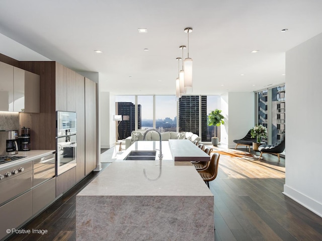 kitchen featuring decorative light fixtures, floor to ceiling windows, dark hardwood / wood-style flooring, and sink