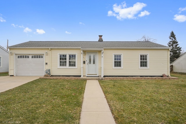 ranch-style house with a front yard and a garage