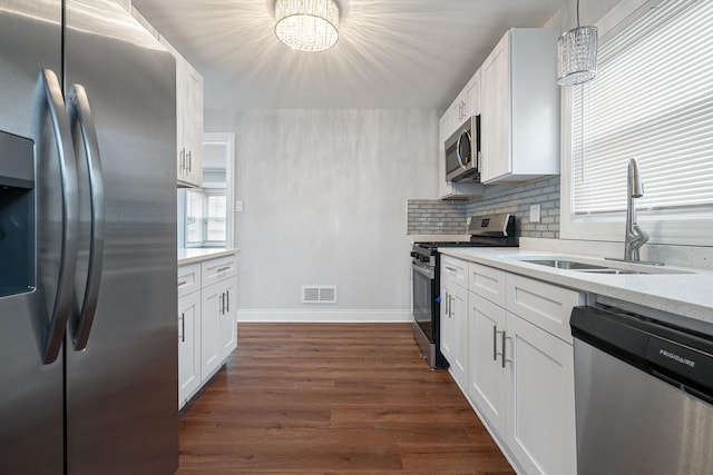 kitchen featuring sink, hanging light fixtures, white cabinets, stainless steel appliances, and backsplash