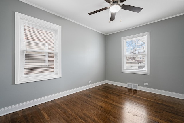 unfurnished room featuring ornamental molding, dark hardwood / wood-style floors, and ceiling fan