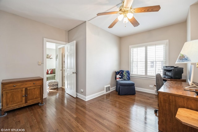 office featuring ceiling fan and dark wood-type flooring