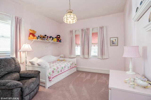 bedroom with multiple windows and light colored carpet