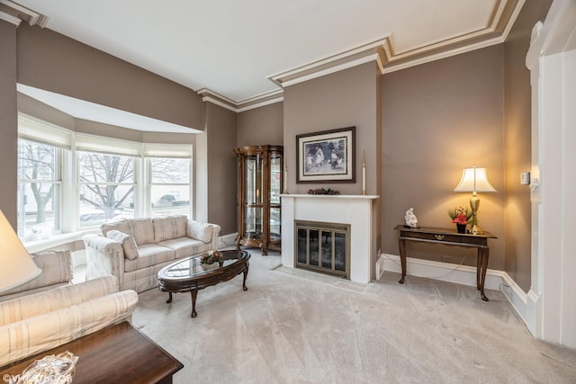 carpeted living room featuring ornamental molding