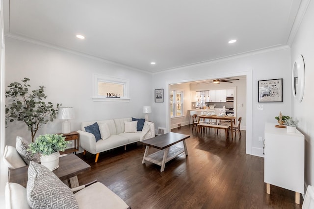 living room featuring dark hardwood / wood-style floors, ceiling fan, and ornamental molding