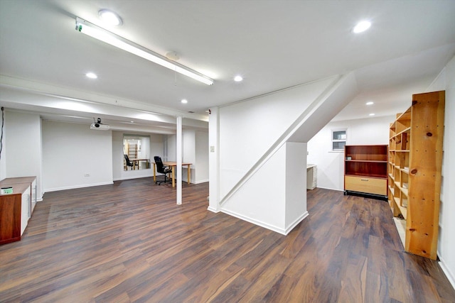 basement with dark wood-type flooring