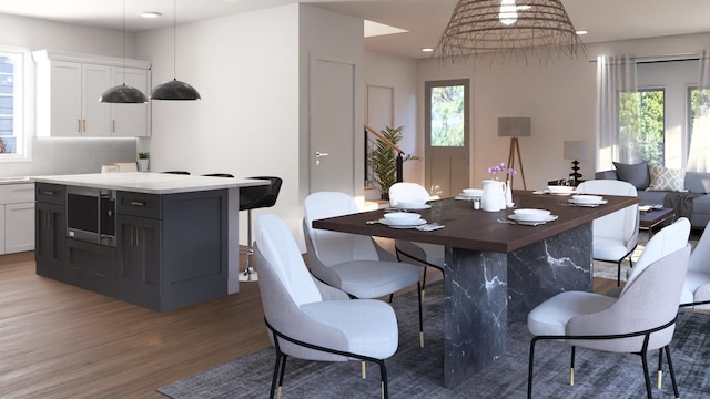 dining room featuring dark hardwood / wood-style flooring and a healthy amount of sunlight