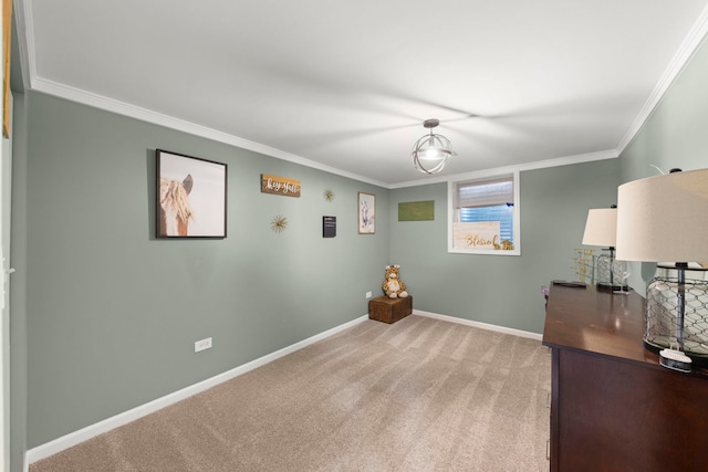 carpeted office with crown molding