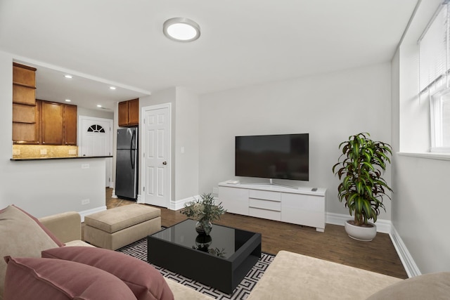 living room with dark hardwood / wood-style flooring