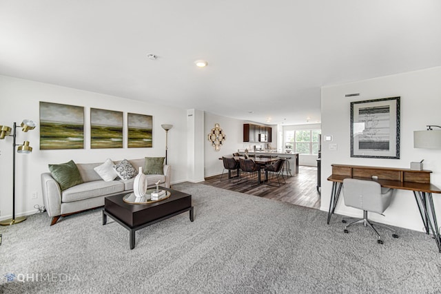 living room with dark hardwood / wood-style floors