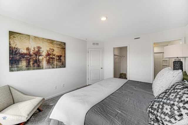 carpeted bedroom featuring a spacious closet and a closet